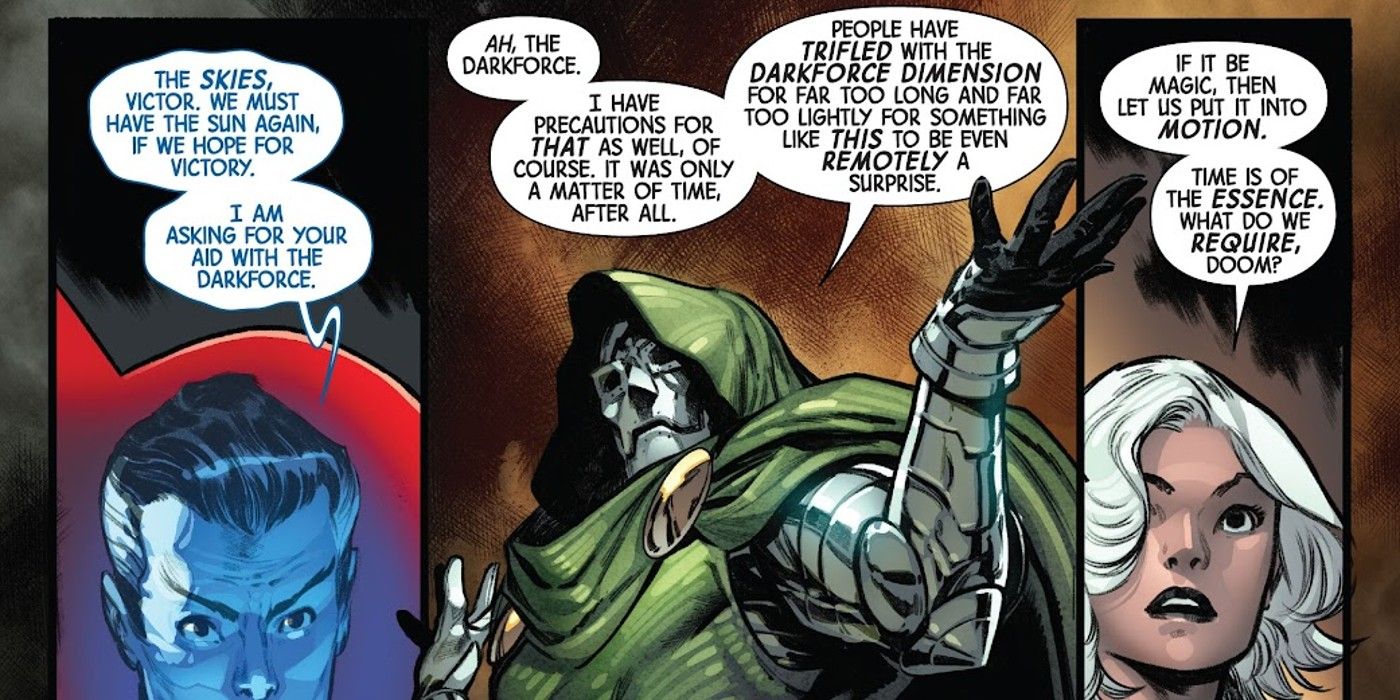 Doutor Destino diz ao Doutor Estranho e Clea Strange que ele tem precauções em vigor para a Darkforce