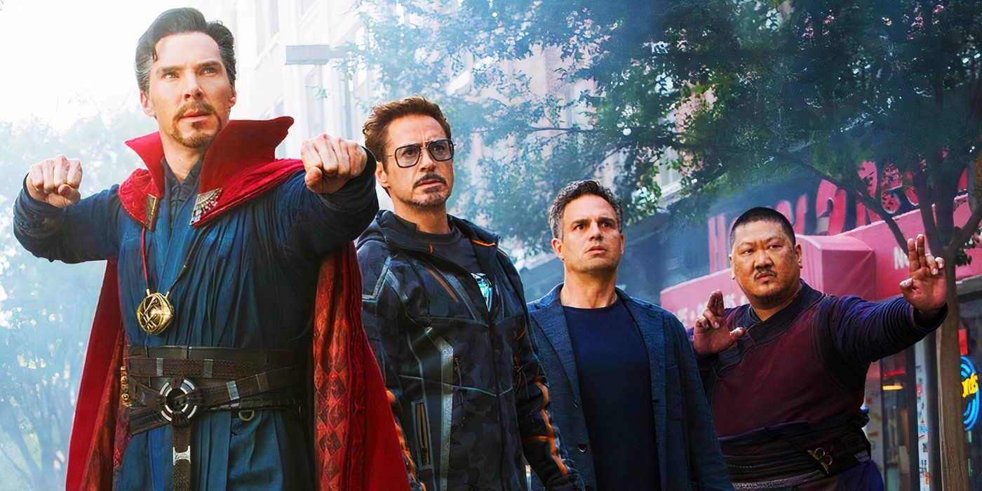 Doctor Strange, Iron Man, Bruce Banner, and Wong fighting together in Avengers Infinity War