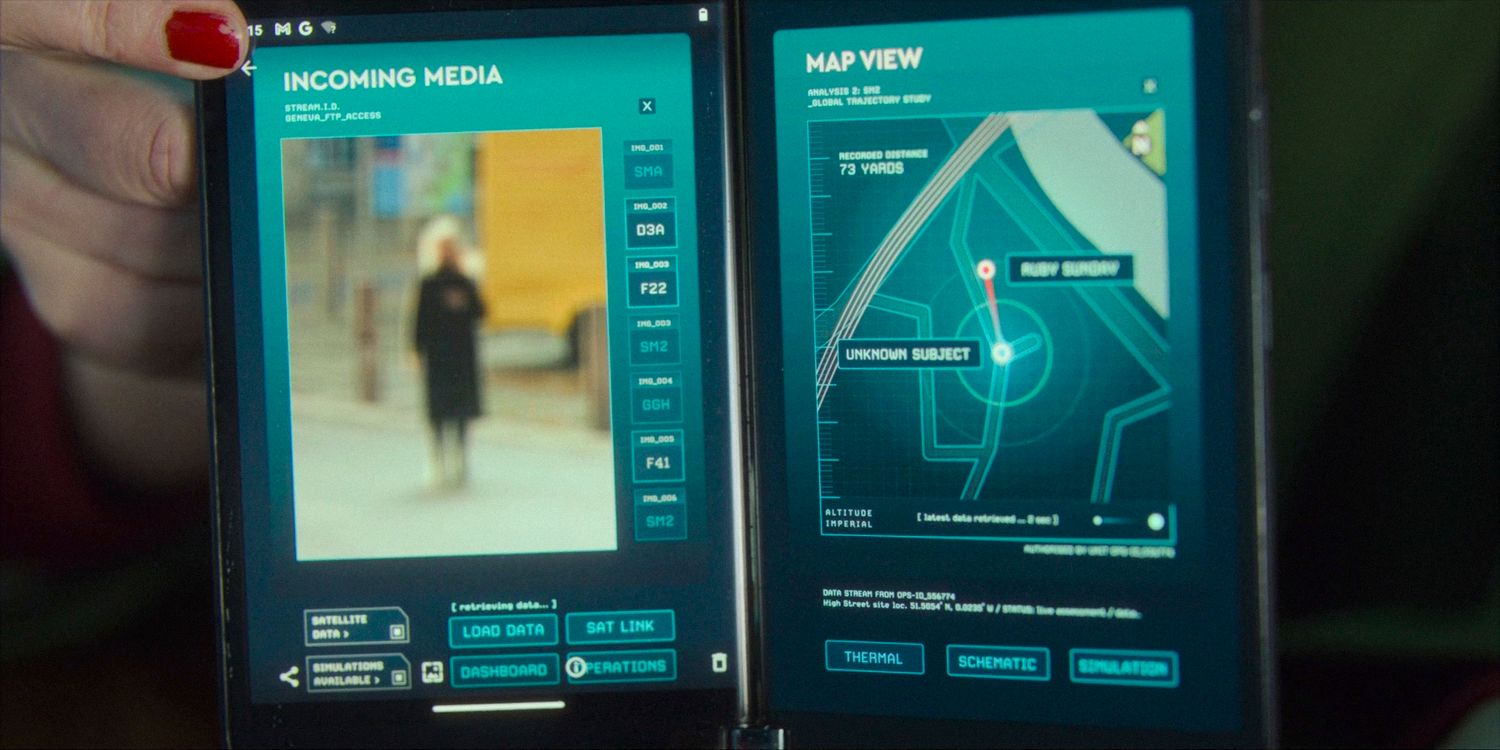 Screens displaying the location and the image of the woman who remains 73 yards away from Ruby in Doctor Who season 14 episode 4