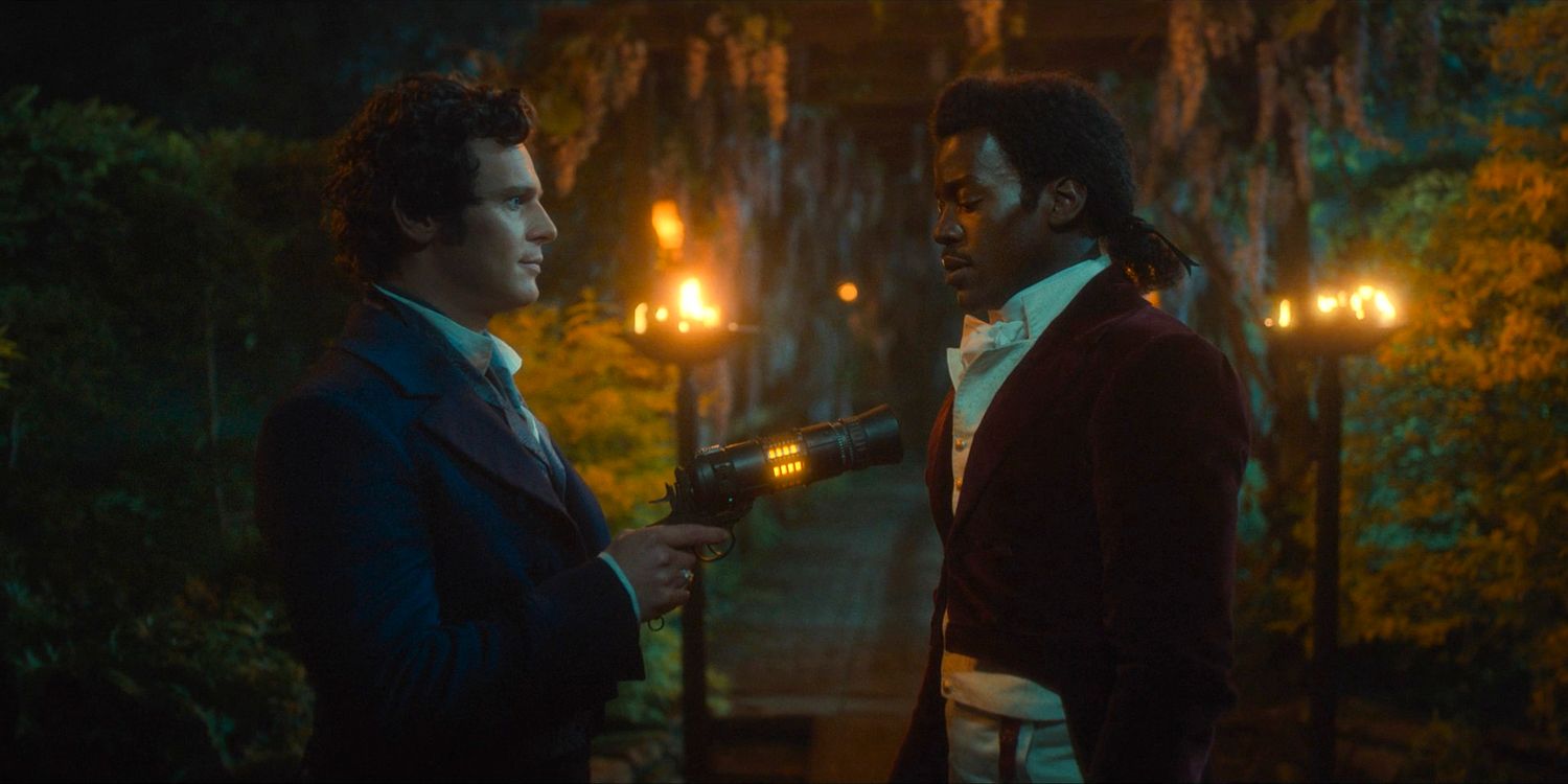 Rogue (Jonathan Groff) threatens The Doctor (Ncuti Gatwa) with his sonic blaster in Doctor Who season 14 episode 6
