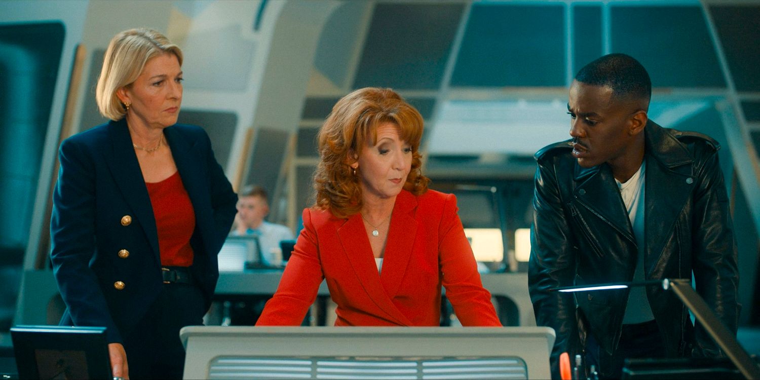 Kate (Jemma Redgrave), Melanie (Bonnie Langford) e The Doctor (Ncuti Gatwa) no episódio 7 da 14ª temporada de Doctor Who