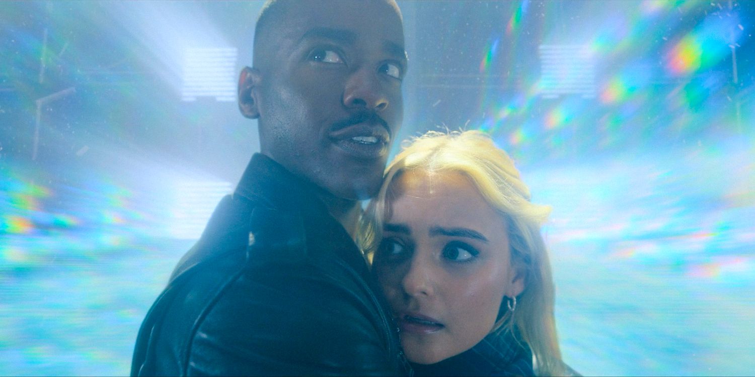 The Doctor (Ncuti Gatwa) and Ruby (Millie Gibson) traveling through the Window of Time in Doctor Who season 14 episode 7
