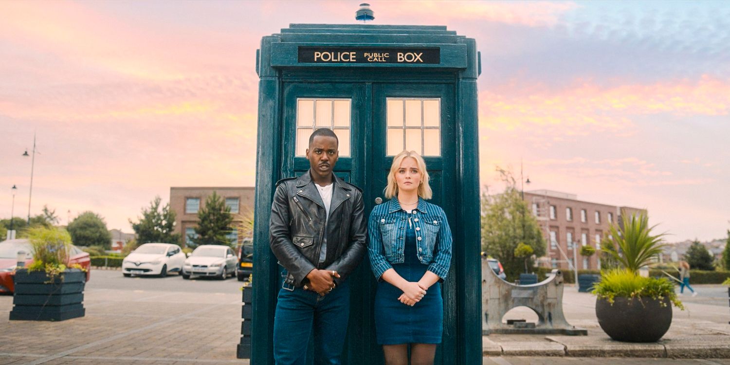 The Doctor (Ncuti Gatwa) and Ruby (Millie Gibson) standing in front of the TARDIS in Doctor Who season 14 episode 8