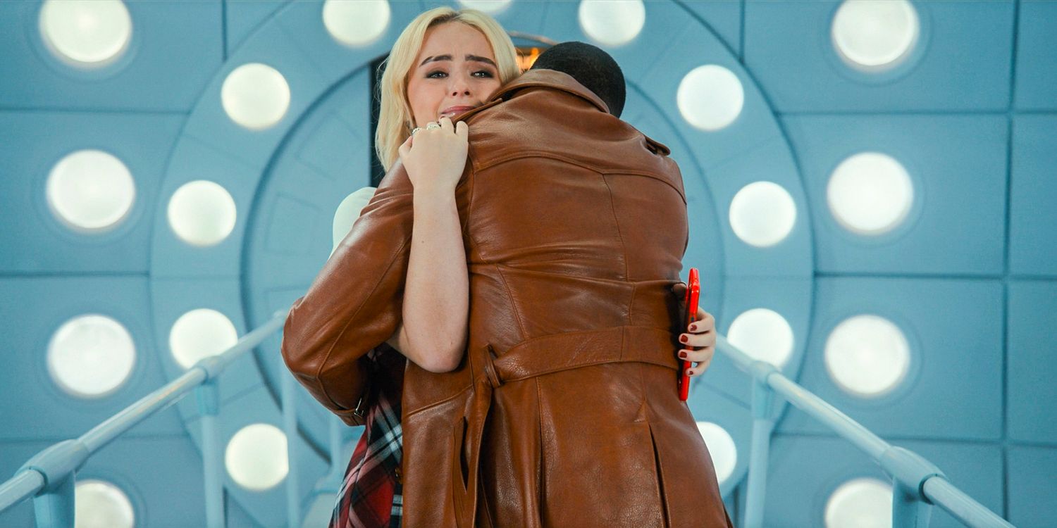 The Doctor (Ncuti Gatwa) and Ruby (Millie Gibson) share a goodbye hug in Doctor Who season 14.