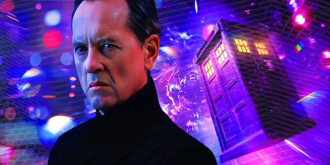 A custom image of Richard E. Grant looking annoyed against a background of the TARDIS from Doctor Who