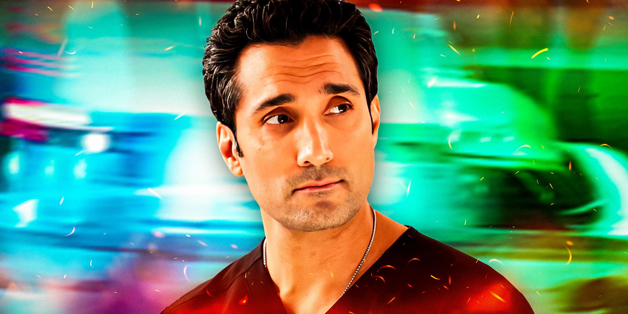 Dominic Rains in Chicago Med, wearing a red shirt.