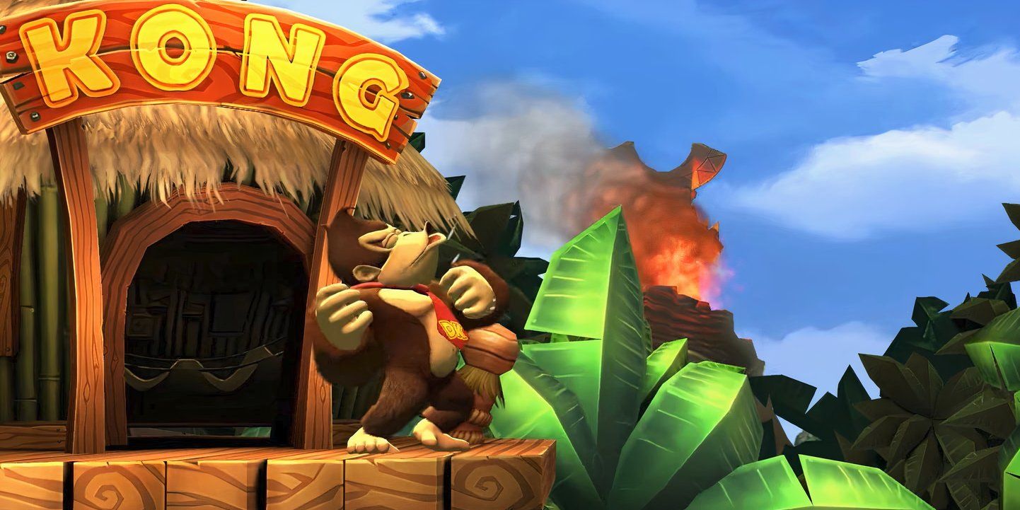 Donkey Kong bate no peito e uiva fora de sua cabana em uma captura de tela de DK Country Returns.