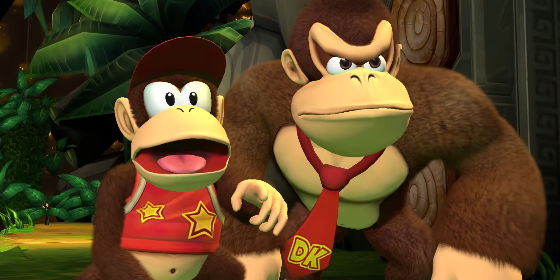 Donkey Kong and Diddy Kong in Donkey Kong Country Returns HD.