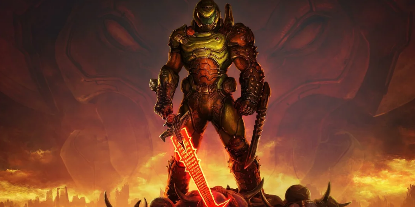 DOOM Guy holding Crucible Sword in Doom Poster