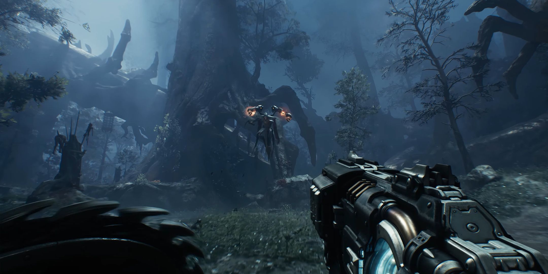 Doom The Dark Ages forest gameplay showing first-person content.