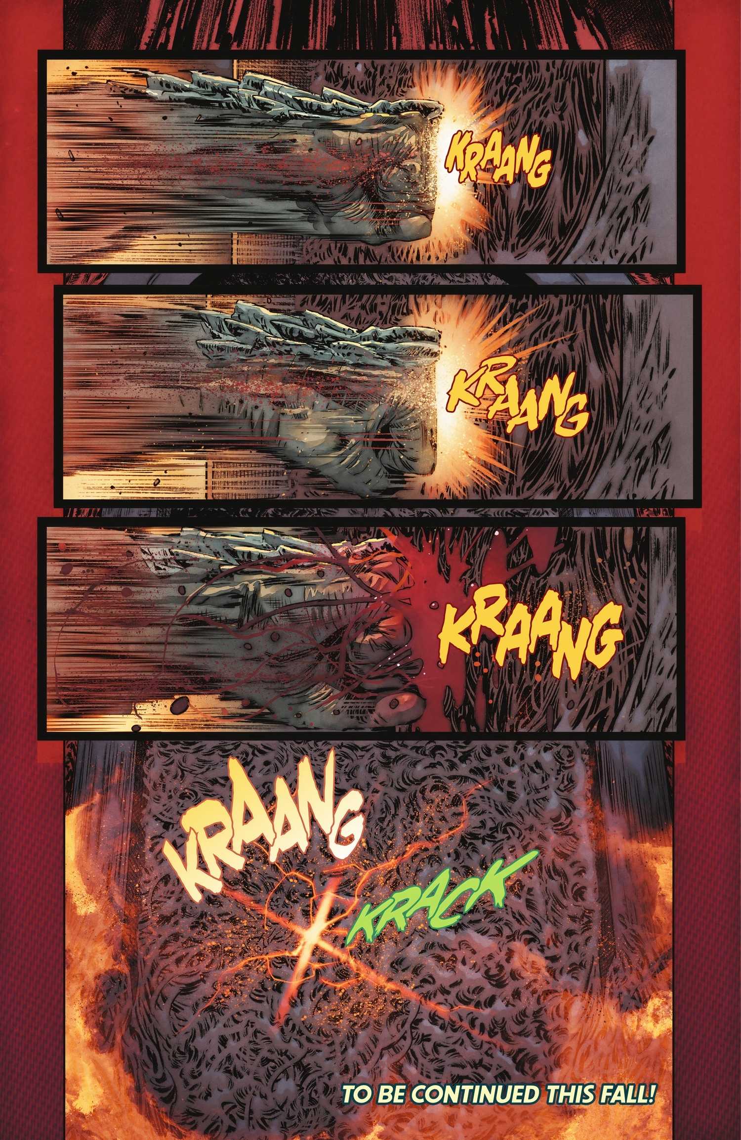 Comic book page: Doomsday tries to escape Hell by punching the gates.