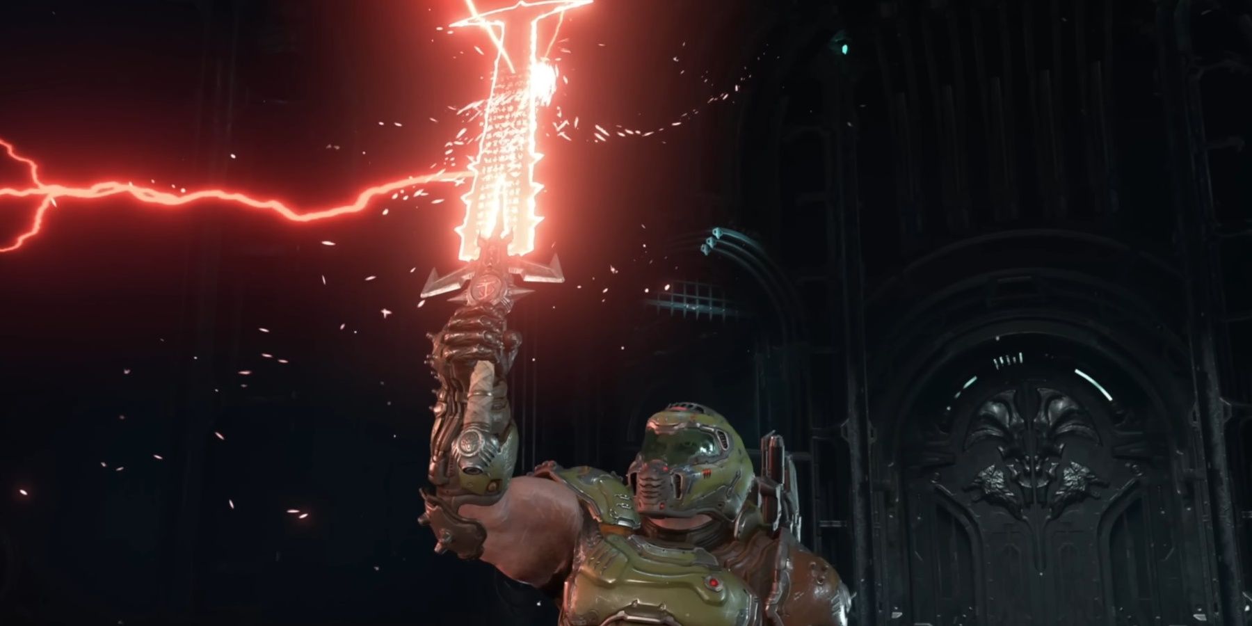 Slayer holding up the Crucible sword from Doom Eternal.