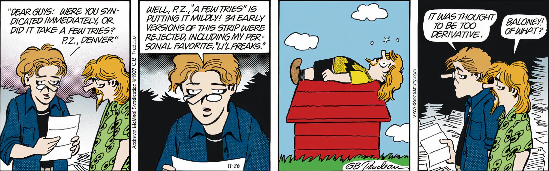 Referência de Peanuts de Mike Doonesbury;  Zonker Harris é mostrado vestido como Charlie Brown deitado na casinha de cachorro de Snoopy.