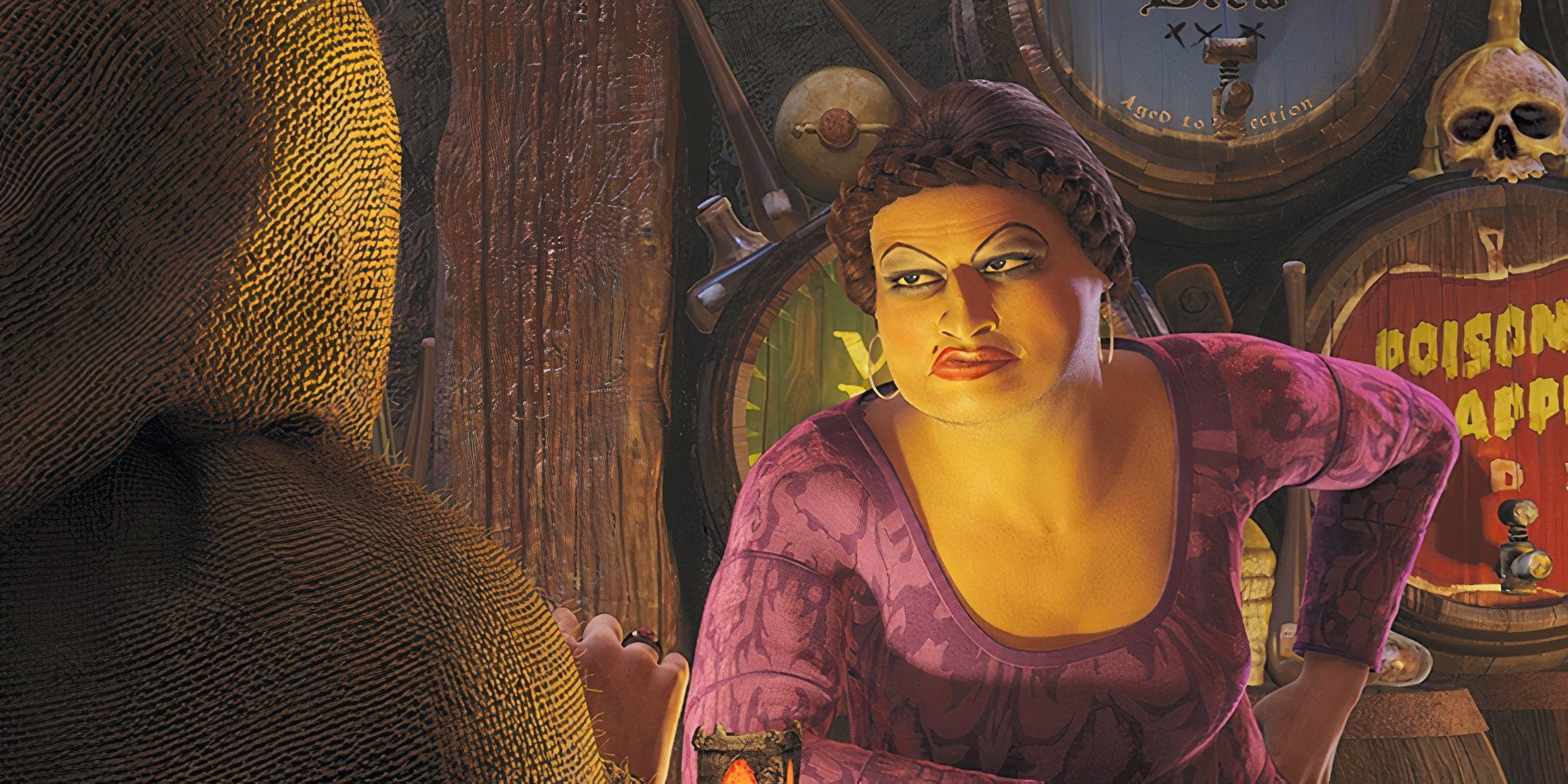 Doris leans forward on a bar while speaking with someone in Shrek