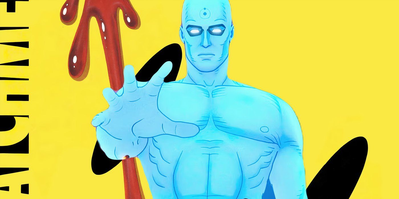 Dr. Manhattan from animated film overtop of the Watchmen comic book cover
