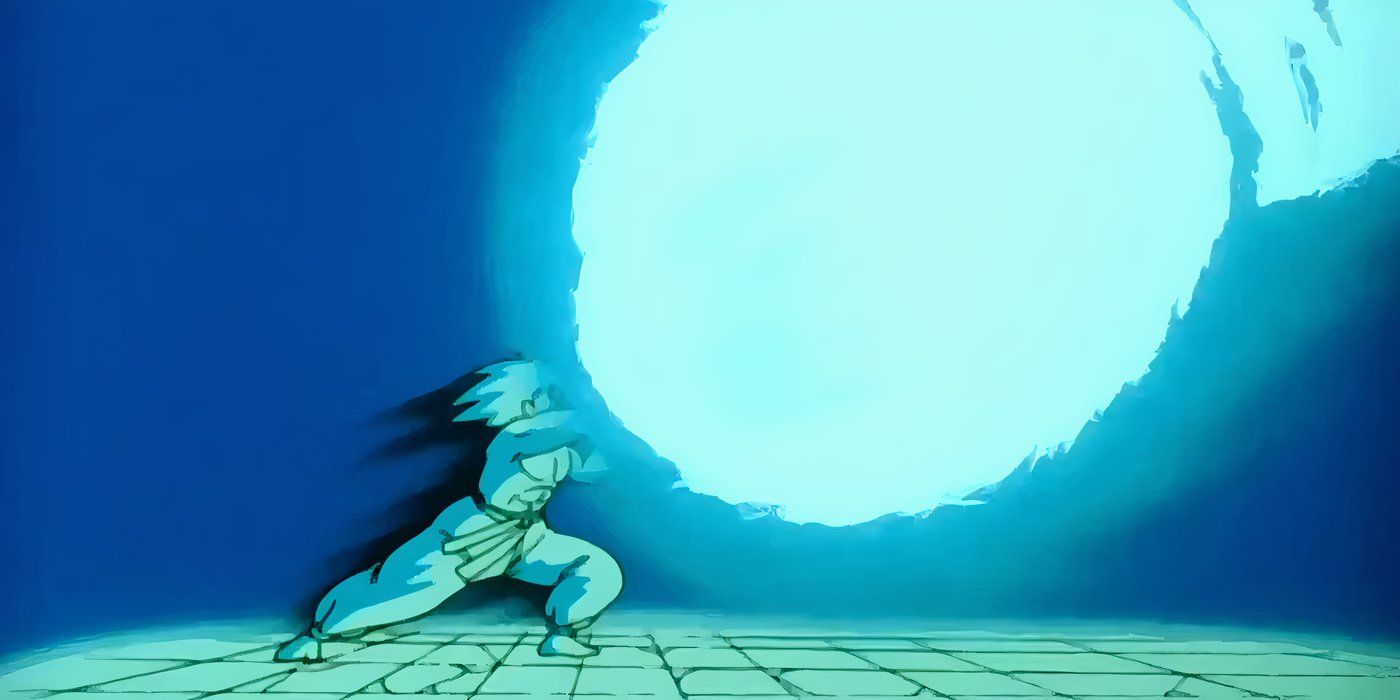 Goku do anime Dragon Ball usando seu primeiro Super Kamehameha contra Piccolo no Torneio de Artes Marciais