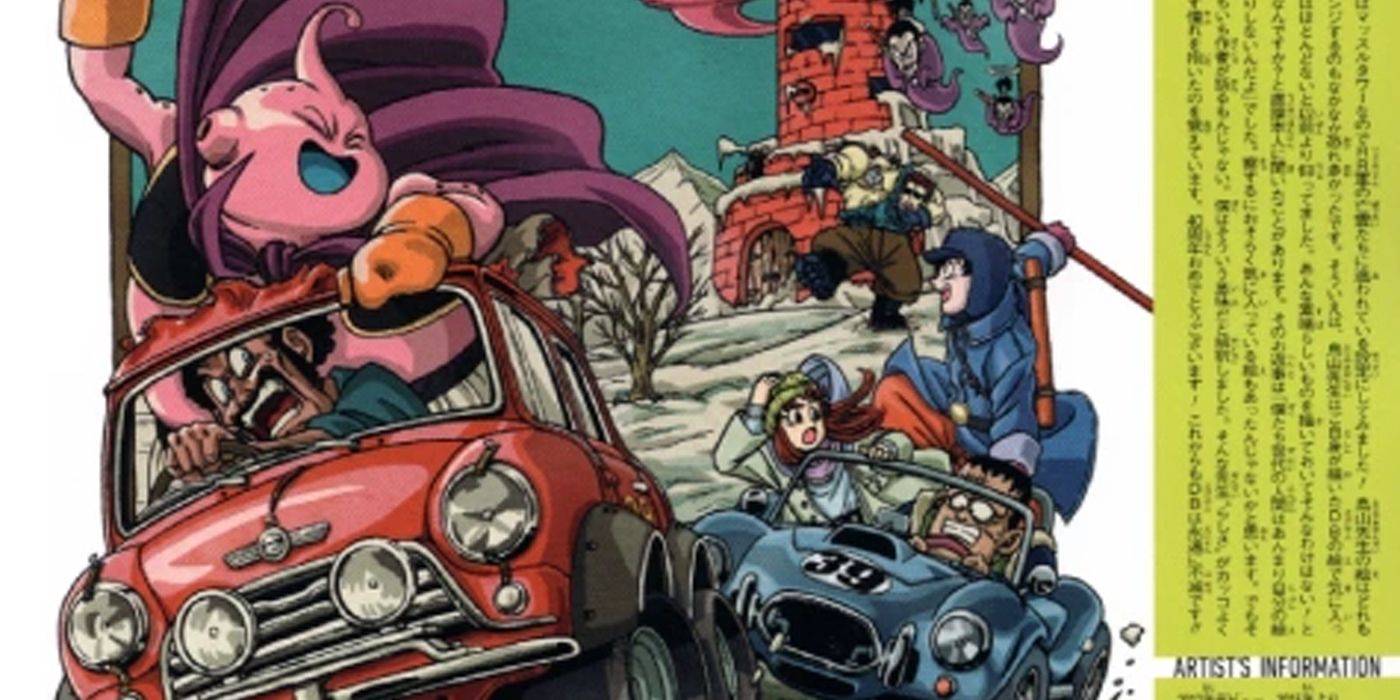 Dragon Ball: capa do volume 39 de Toyotarou, retratando Buu e o Sr. Satan em um carro fugindo de fantasmas em um ambiente nevado.