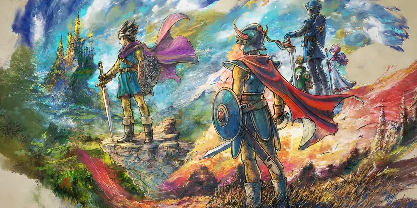 Official artwork showing the heroes of Dragon Quest 1, 2, and 3 overlooking a castle.