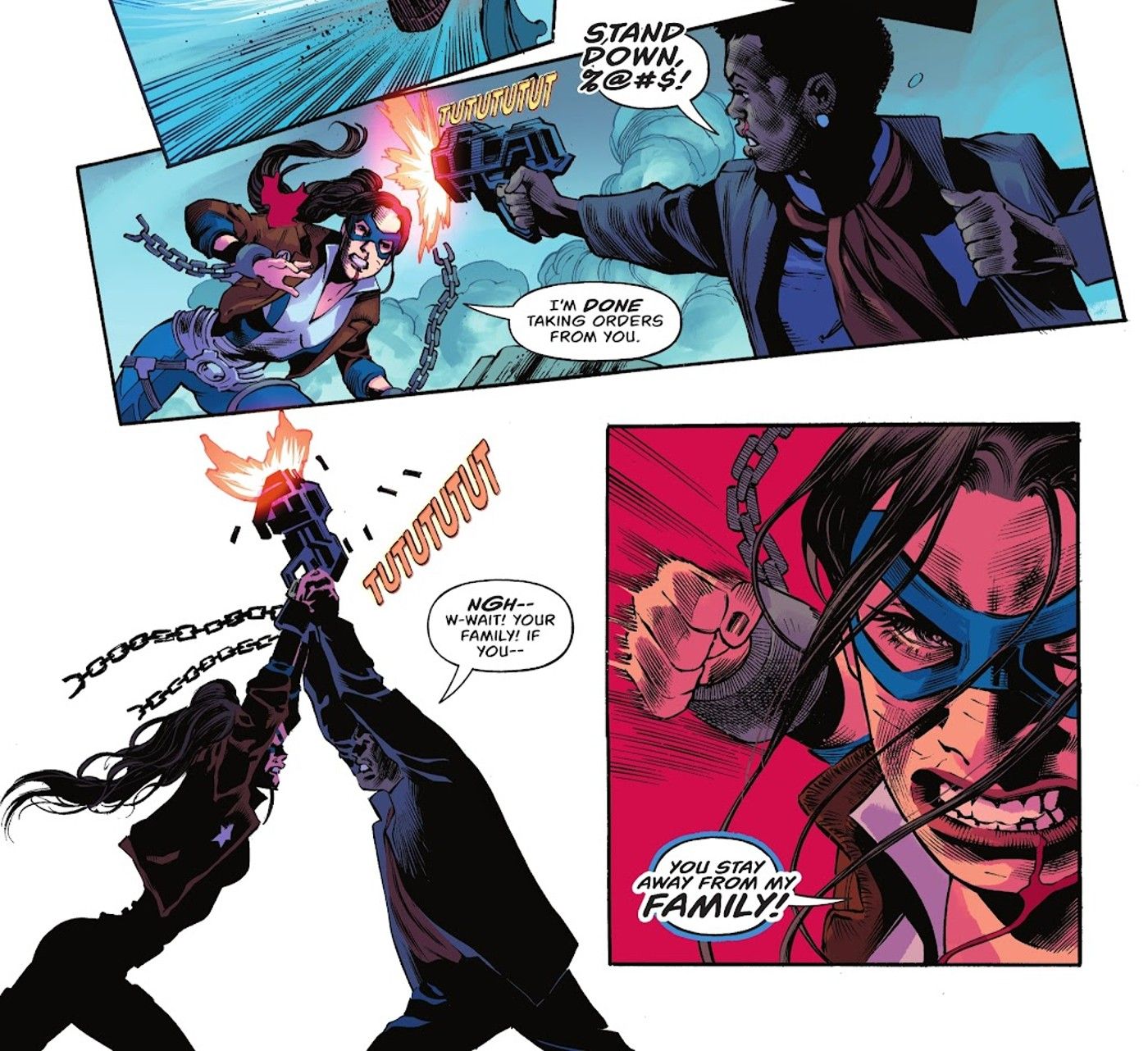 Comic book panels: Dreamer fights Amanda Waller with chains on her wrists.