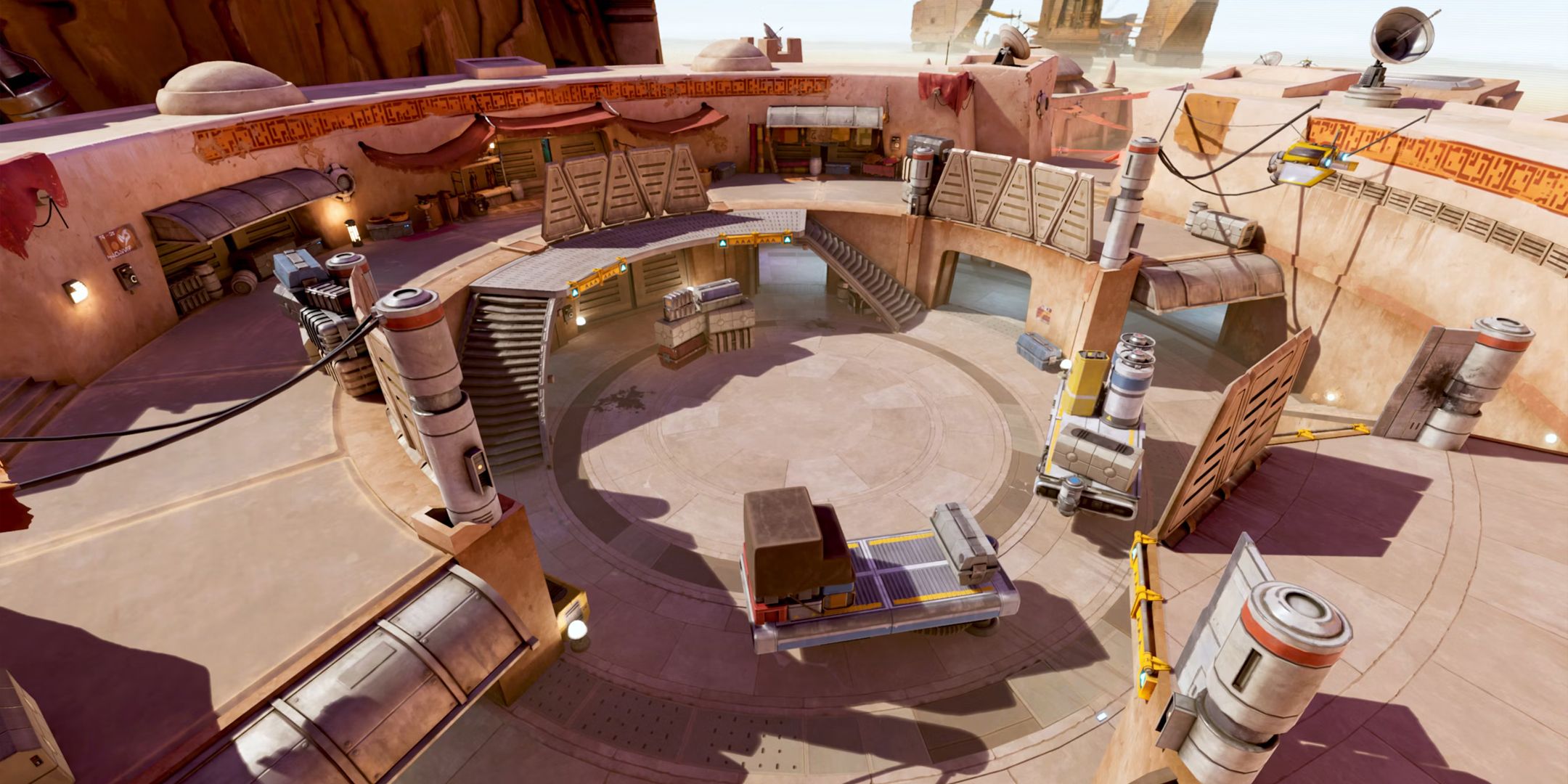 Mapa de Tatooine Dune Sea Outpost em Star Wars Hunters mostrando uma área circular central.