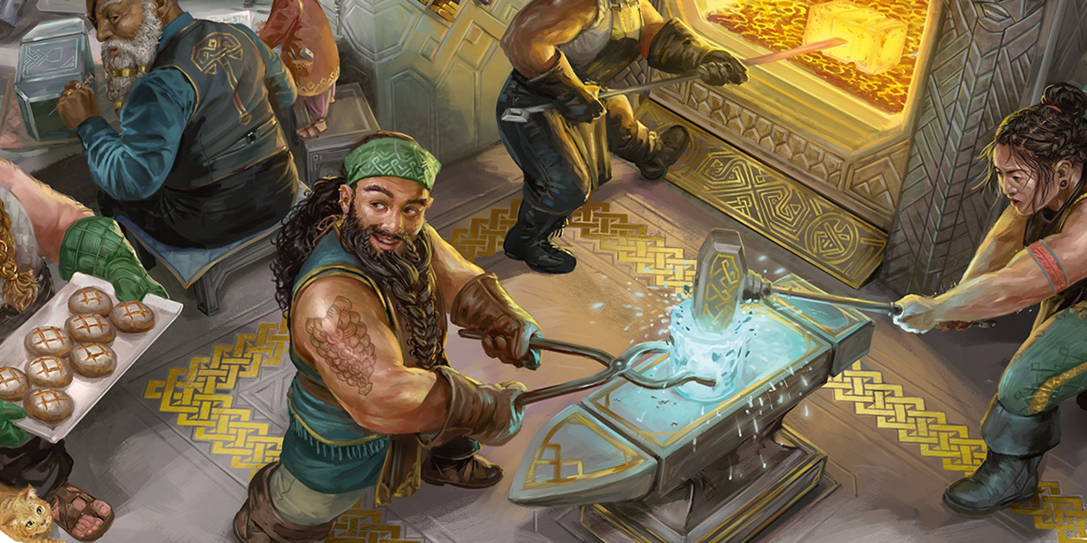 Dwarves at a forge as depicted in art for the 2024 D&D Player's Handbook.