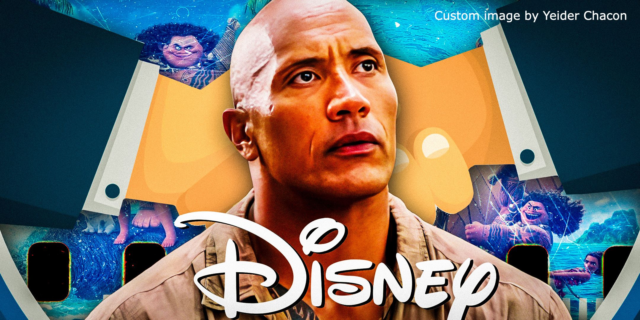An SR custom image of Dwayne Johnson as Spencer in Jungle Cruise surrounding by images from Moana, a pair of shaking hands, and the Disney logo 