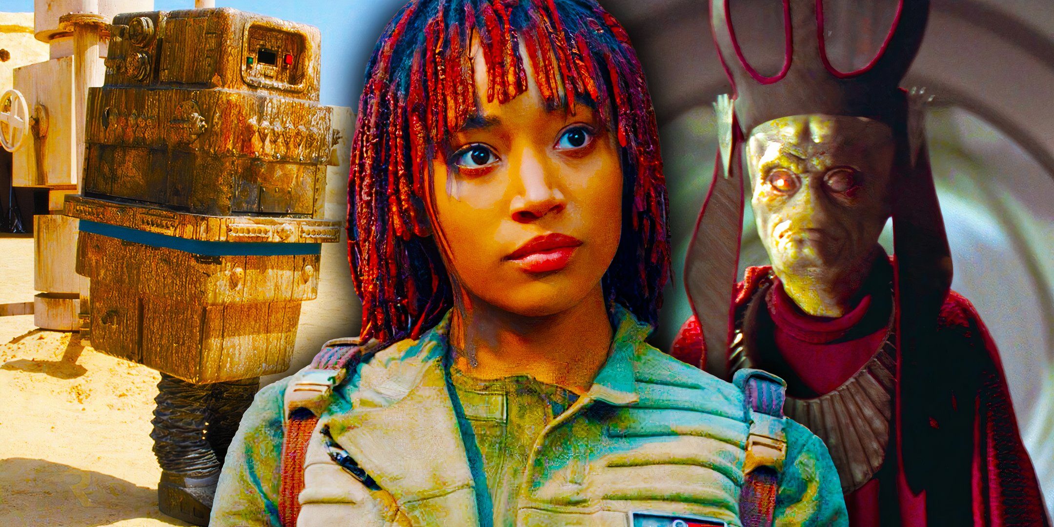 A gonk droid, Amandla Stenberg's Osha Aniseya, and a Neimoidian edited together in Star Wars