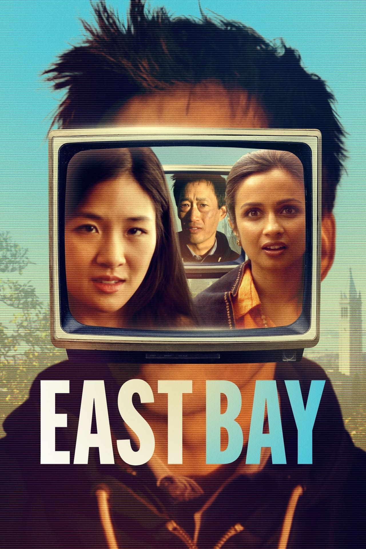 East Bay Movie Poster Showing Contance Wu, Kavi Ladnier, and Daniel Yoon inside a TV Set