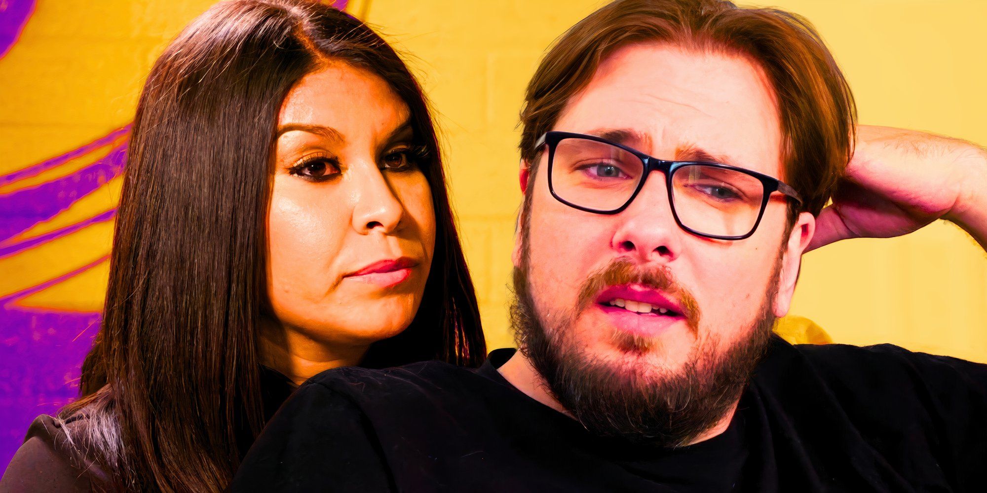  a montage of Colt Johnson and Vanessa Guerra looking serious with a yellow background