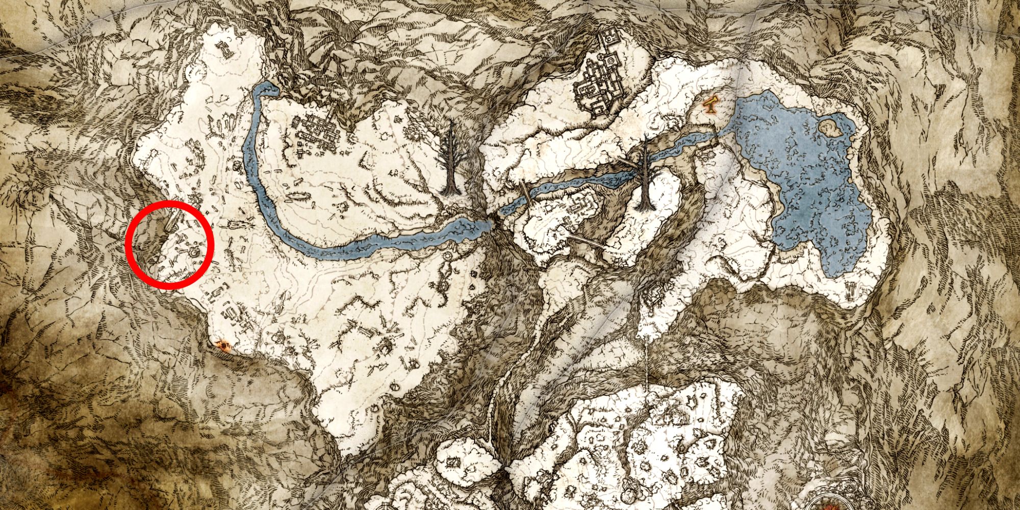 Peta Puncak Gunung Raksasa dan Ladang Salju yang Disucikan di Elden Ring.  Lingkaran merah menyoroti tepi barat, di mana terdapat gerbang jalan yang membawa pemain ke Istana Mohgwyn.