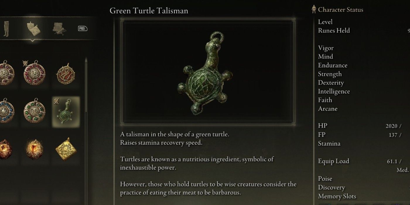 A descrição do Talismã da Tartaruga Verde de Elden Ring.