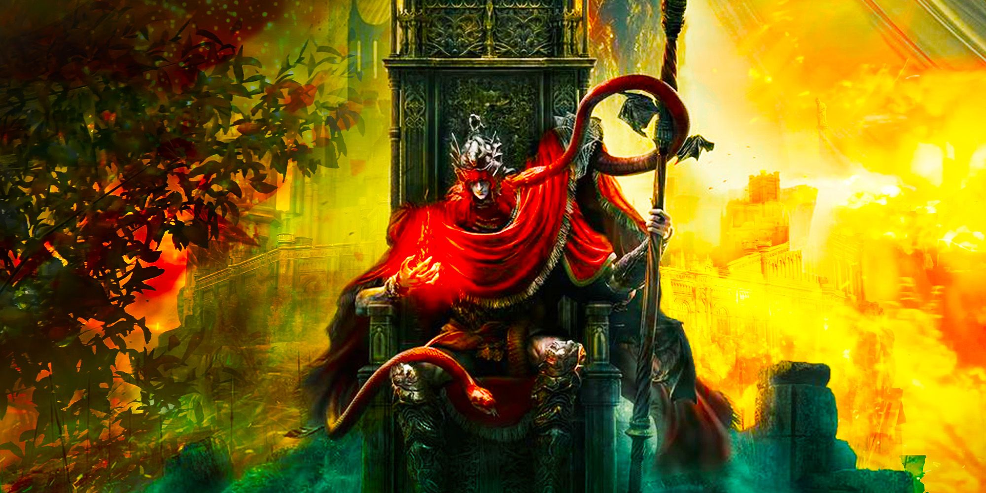 Messmer the Impaler sitting on his throne in Elden Ring: Shadow of the Erdtree, with a collage of Land of Shadow landscapes in the background.