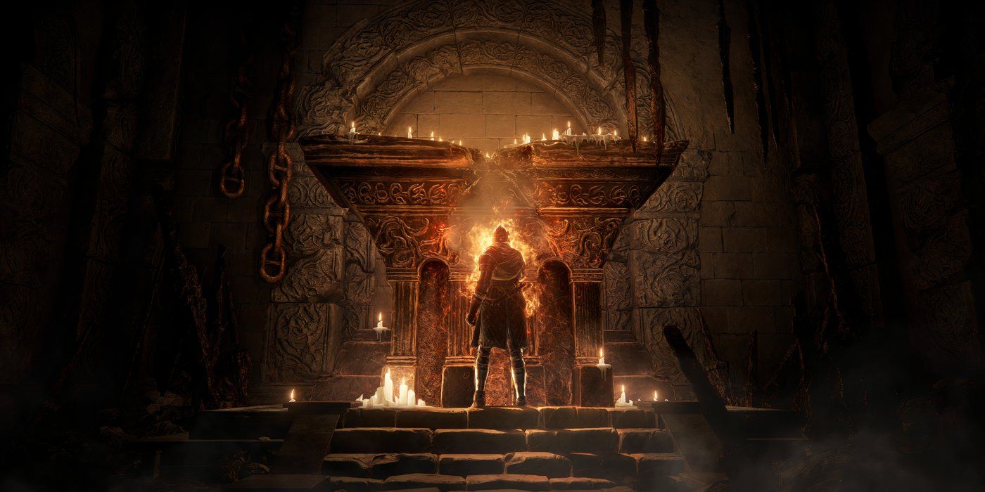 Elden Ring Shadow of the Erdtree DLC: a Tarnished in shadow, standing in front of a lit brazier.