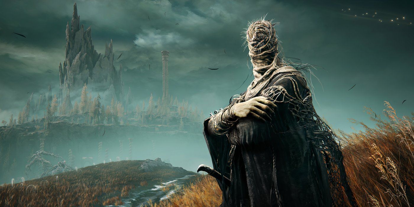 Elden Ring Shadow of the Erdtree DLC: a figure with face obscured stands towards the player with arms folded. 