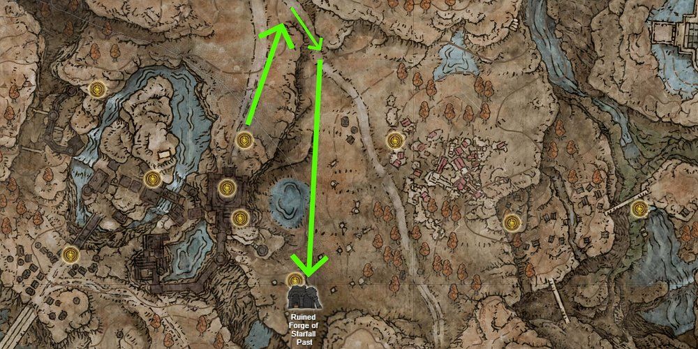O mapa Elden Ring Shadow of the Erdtree mostrando o caminho para a Forja em ruínas de Starfall Past.