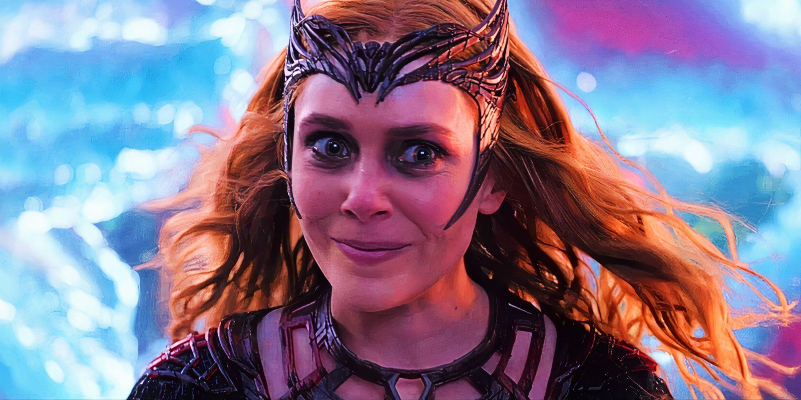 Elizabeth Olsen As Scarlet Witch In Full Costume With A Deranged Smile In Doctor Strange in the Multiverse of Madness