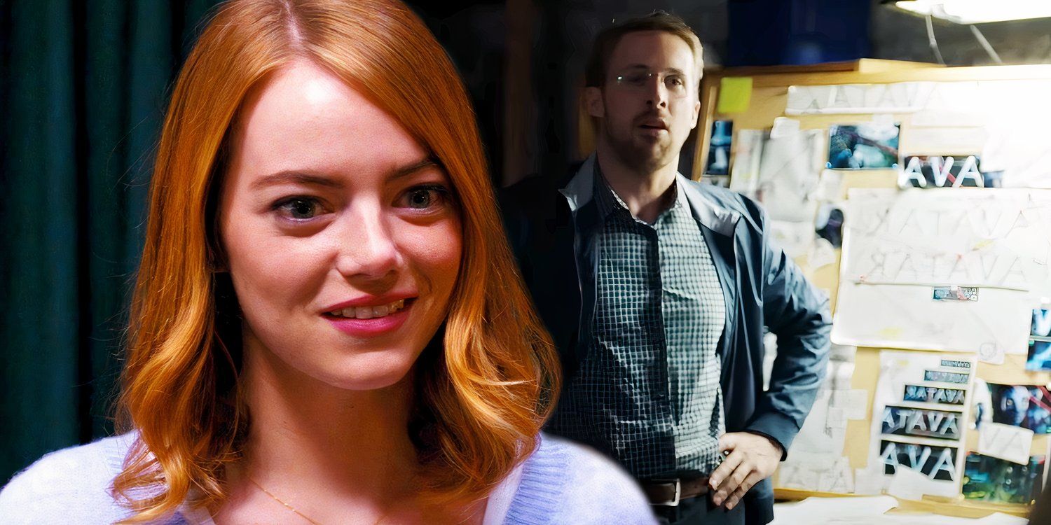 Emma Stone smiling from La La Land while Ryan Gosling argues about Avatar's font in SNL's Papyrus