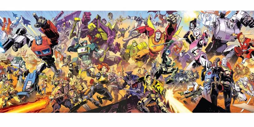 Comic book art: Energon Universe character banner featuring Transformers and GI Joe characters.