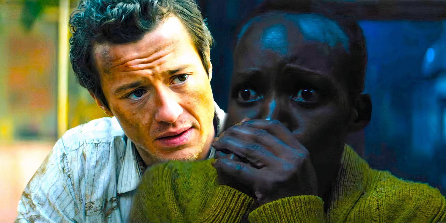 Joseph Quinn as Eric looking worried next to Lupita Nyong'o as Sam covering her mouth in fear in A Quiet Place Day One