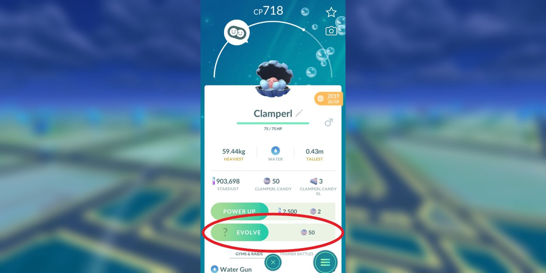 A página de resumo mostrando como evoluir Clamperl no Pokémon GO