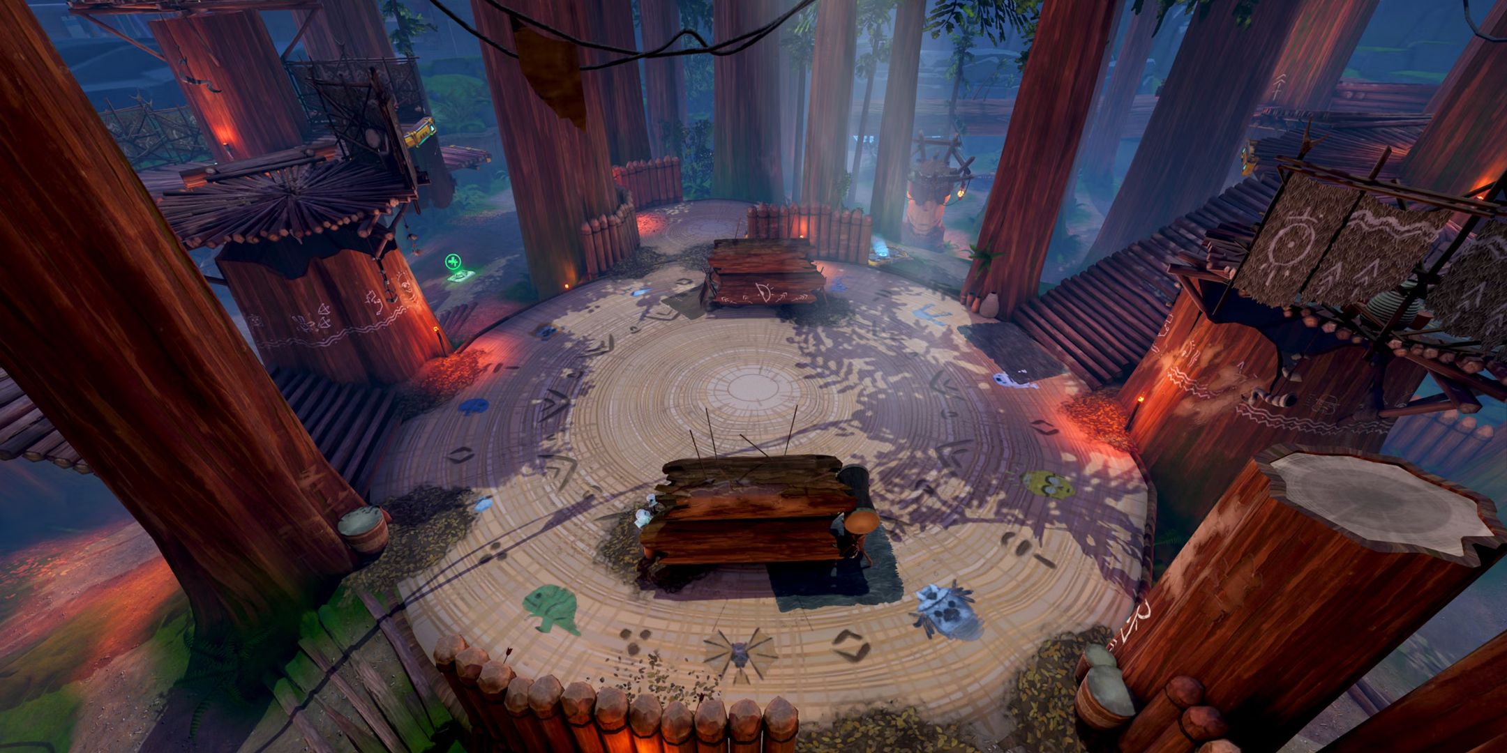 Mapa da Vila Ewok em Star Wars Hunters mostrando uma área central sob árvores altas.