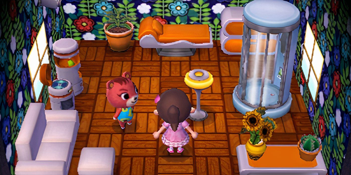 Explorando o quarto da Cheri em Animal Crossing com móveis e chuveiro. 