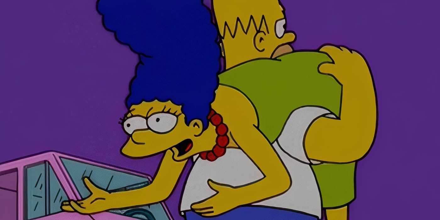 Homer carregando uma Marge bêbada em Os Simpsons Temporada 15, Episódio 15, “Dia dos Codependentes”