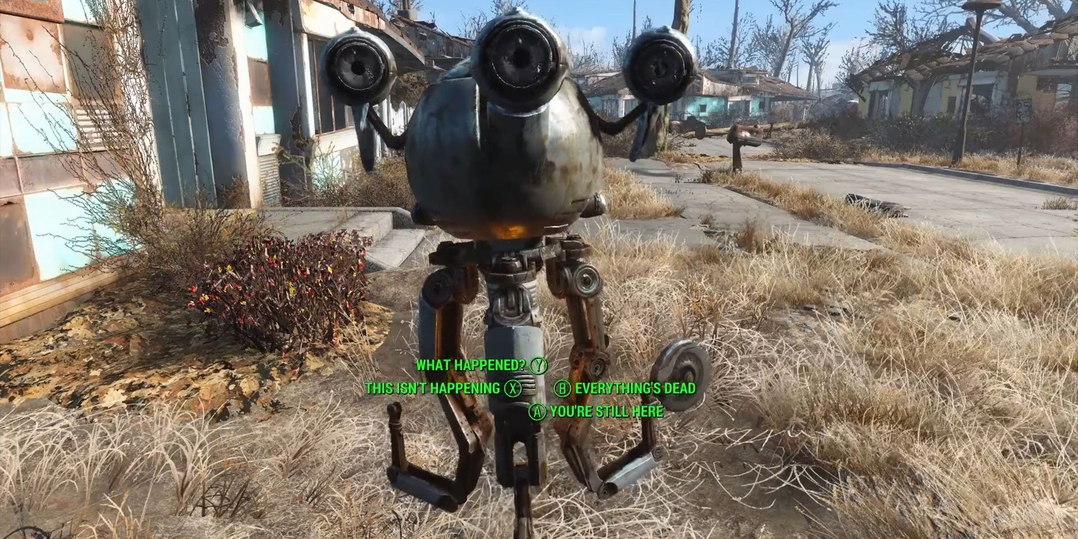 Roda de diálogo do Fallout 4 em uma conversa com o robô Codsworth.