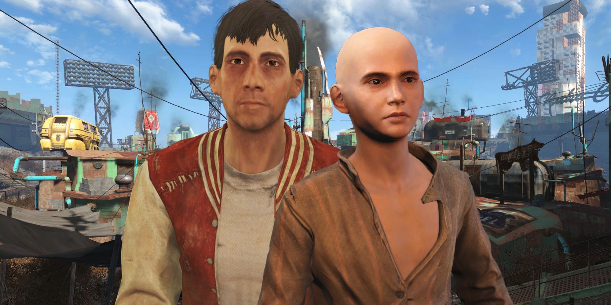 Fallout 4 - Travis Miles and Sheng Kawolski with Diamond City behind them