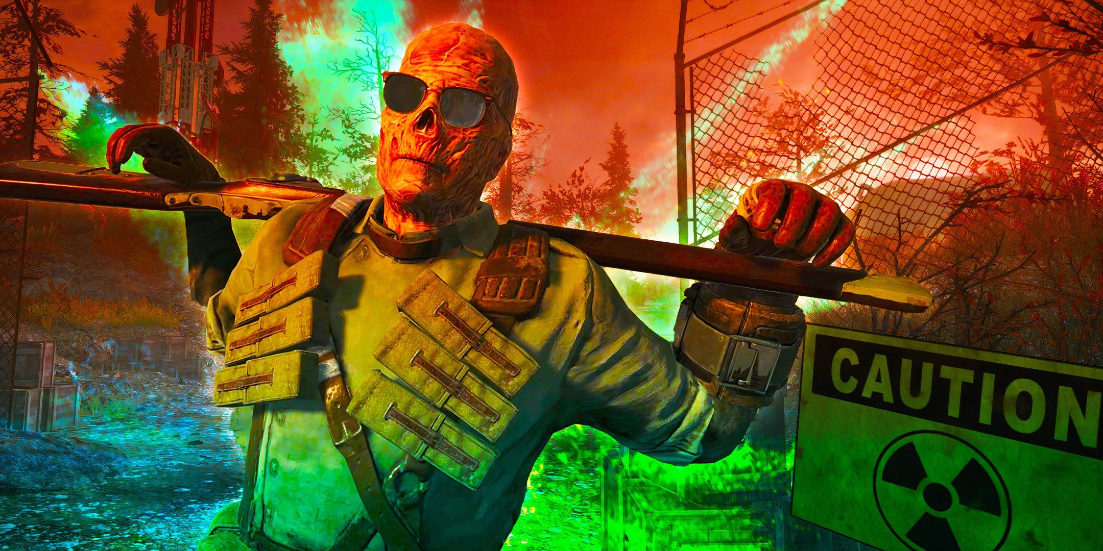 Fallout 76 Skyline Valley Preview shows an area of the expansions wastelands with a caution sign and a Ghoul holding a rifle and wearing sunglasses standing in front of it.