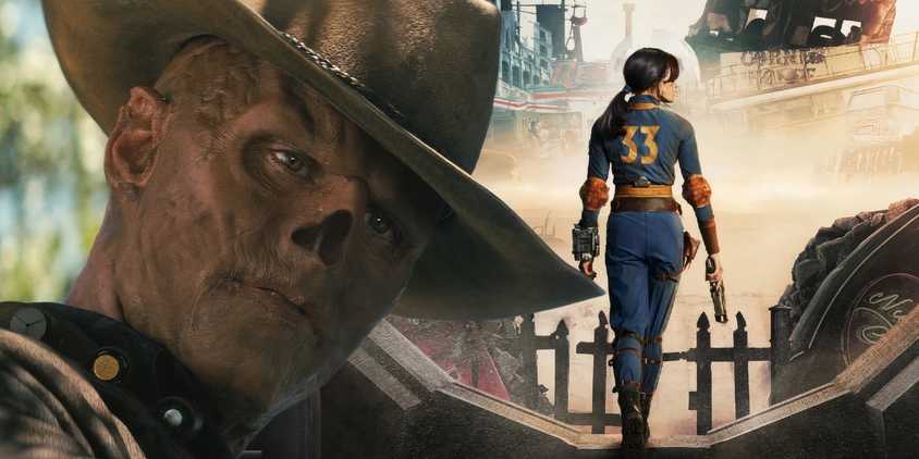 A composite image of The Ghoul leering down at someone in front of Lucy leaving her vault in the Fallout TV show