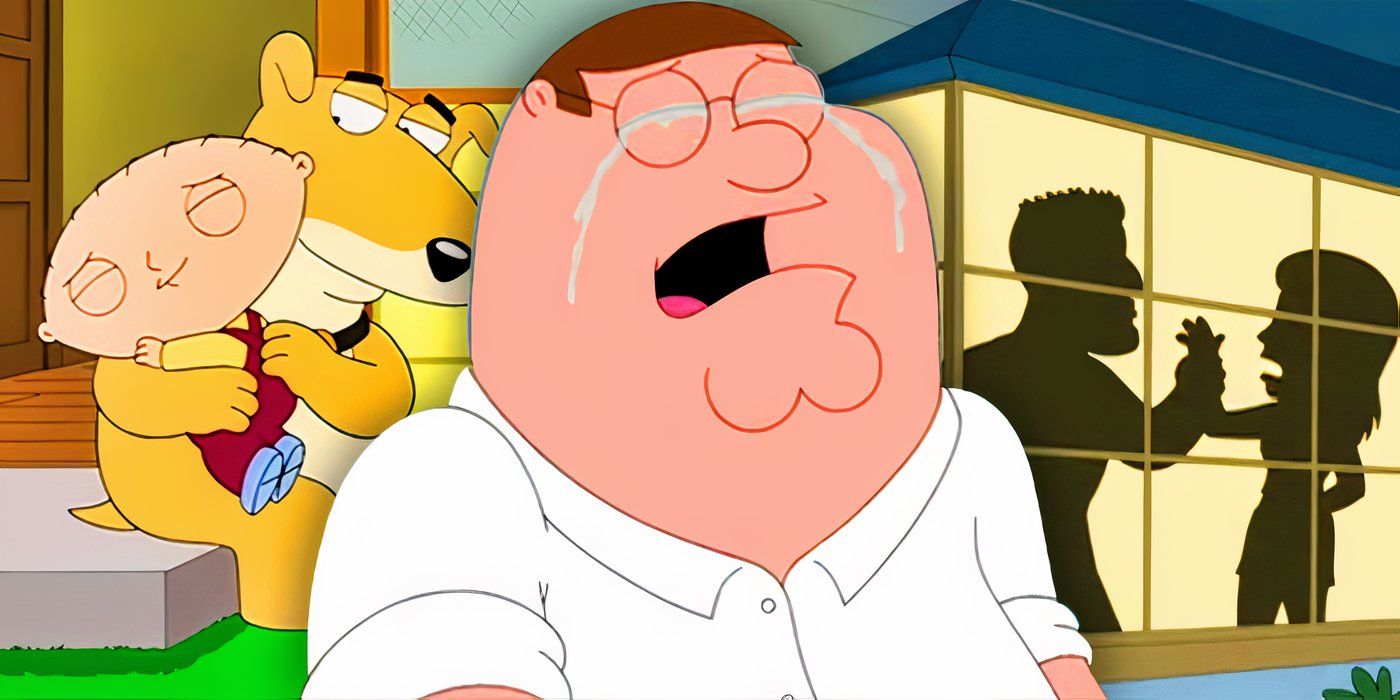 Stewie with Vinny and Peter crying in Family Guy.