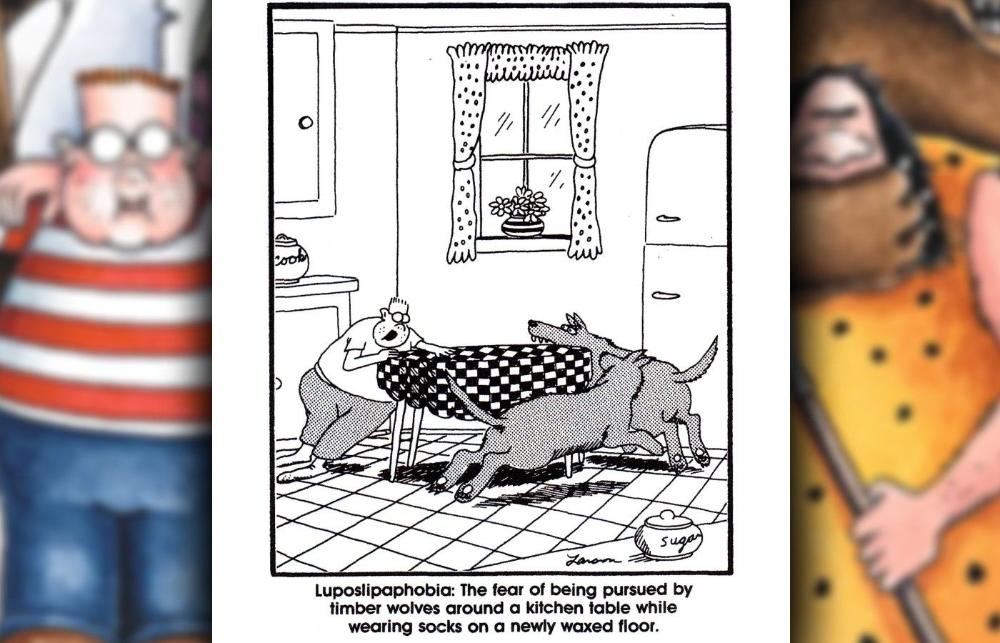 famous far side comic about being chased by wolves
