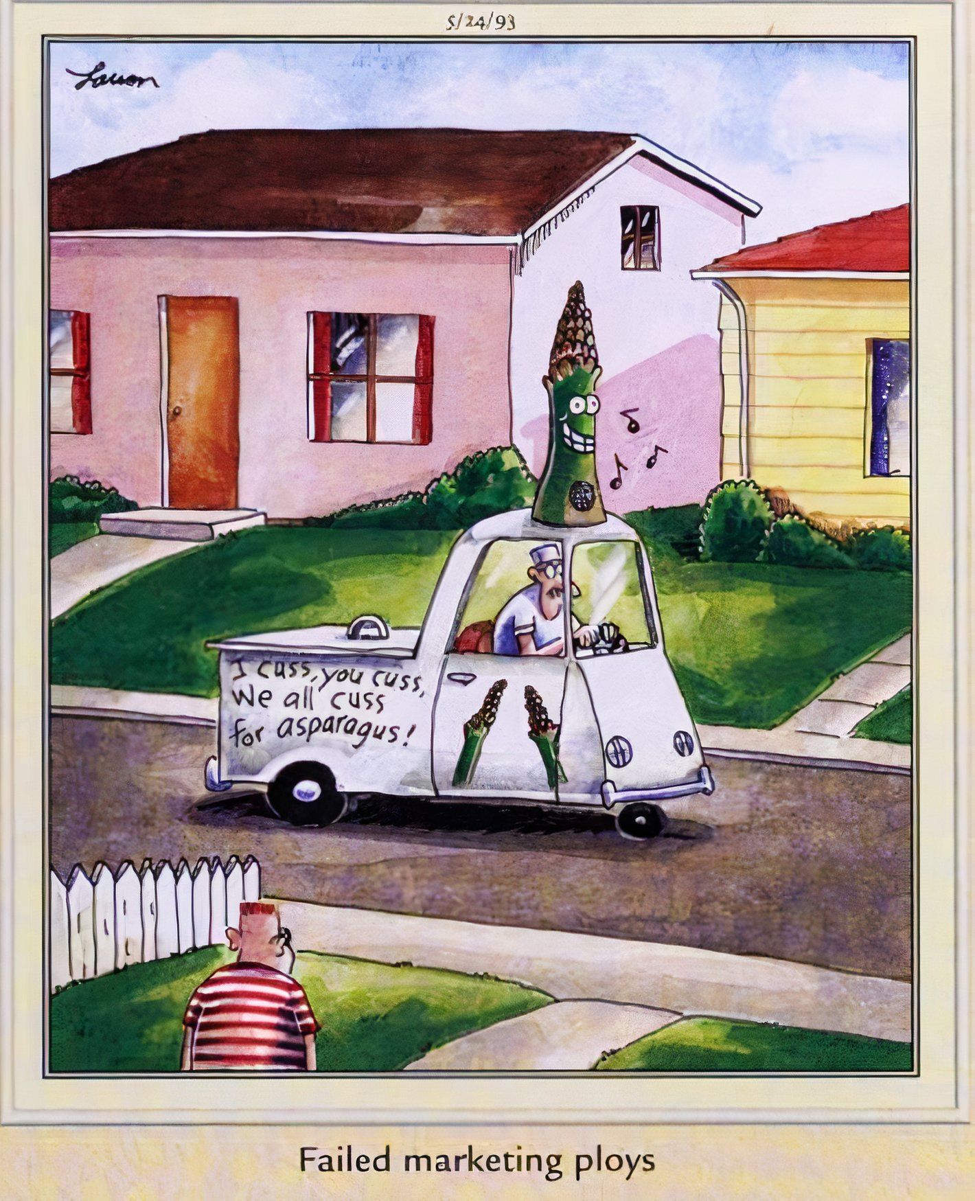 Far Side, asparagus truck, captioned &lsquo;failed marketing ploys&rsquo;